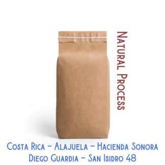 A coffee bag labeled, "Natural process San isidro 48 produced by Diego Guardia at a farm called Hacienda Sonora which is in Alajuela, Costa Rica"