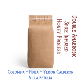 A bag of coffee beans labeled "double anaerobic spice infused honey process" originating from Huila, Colombia and produced by Yeison Calderon at his, farm Villa Betulia, is pictured with no background.