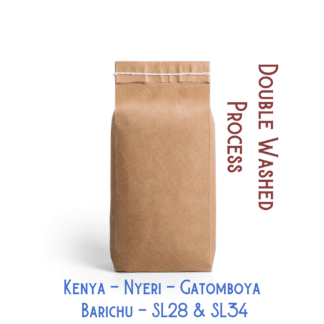 A bag of Kenyan coffee is labeled Double Washed Process Kenya-Nyeri-Gatomboya- Barichu-SL28 & SL34