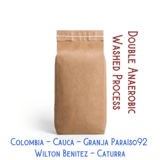 A coffee bag labeled, "Double Anaerobic Washed process Caturra produced by Wilton Benitez at a farm called Granja Paraiso 92 which is located in Cauca, Colombia"