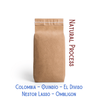 A bag of coffee labeled, "Natural process Ombligon coffee from Quindio, Colombia produced by Nestor Lasso at a farm called El Diviso."